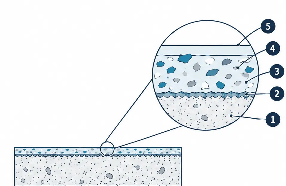 Diagram: cross-section of a flake epoxy garage floor, ground slab, primer, epoxy base coat with broadcast flakes and a clear top coat