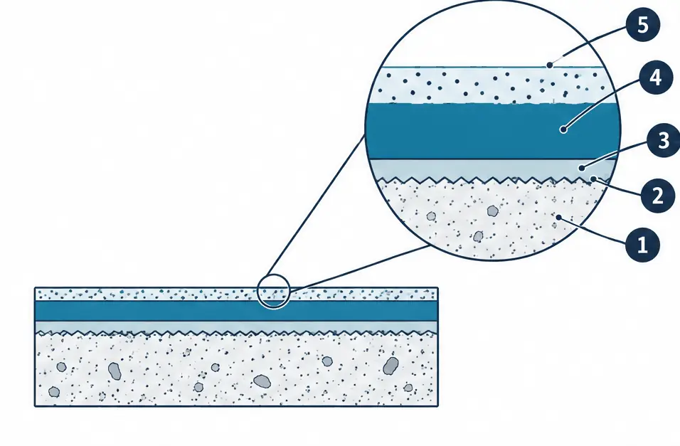 Diagram: cross-section of a solid-color epoxy garage floor, ground slab, primer, pigmented epoxy build coat and a grit-textured top coat