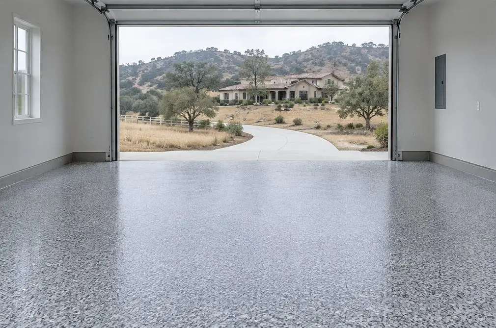 Illustration: a coated floor seen from inside, with Los Alamos Hills beyond the open door
