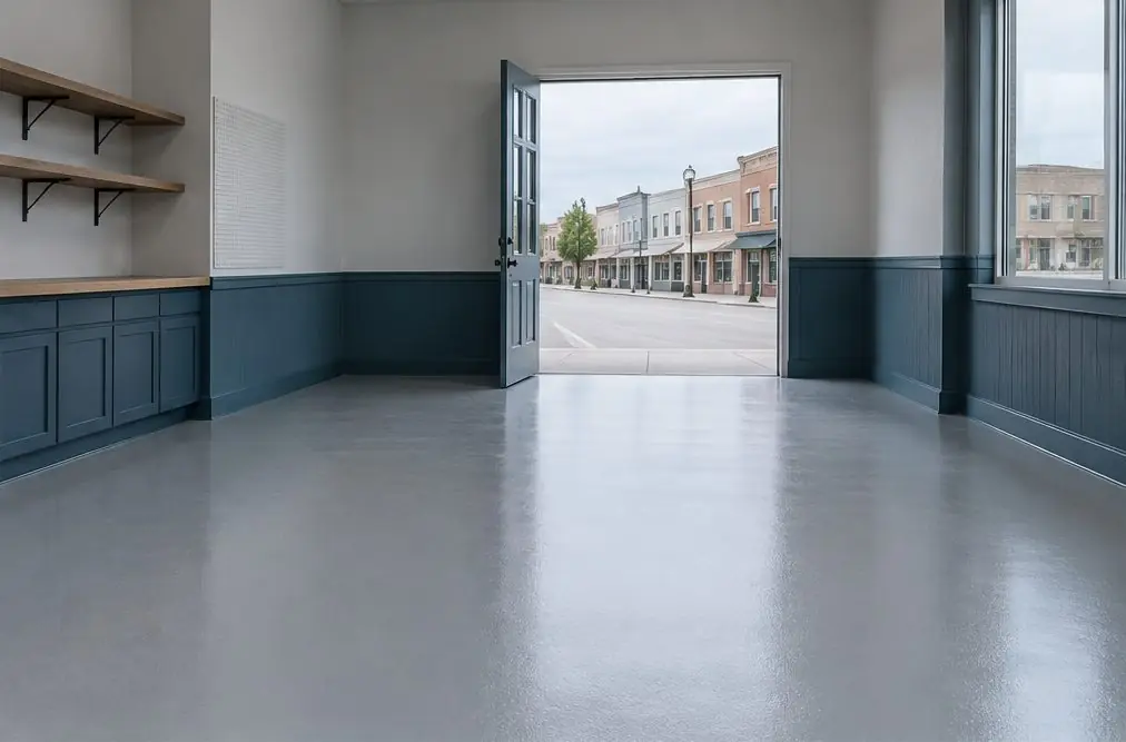 Illustration: a coated floor seen from inside, with Old Town Murrieta beyond the open door
